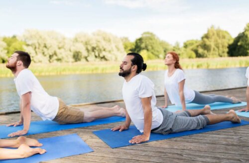 group of yogis doing cobra pose outside on yoga mats