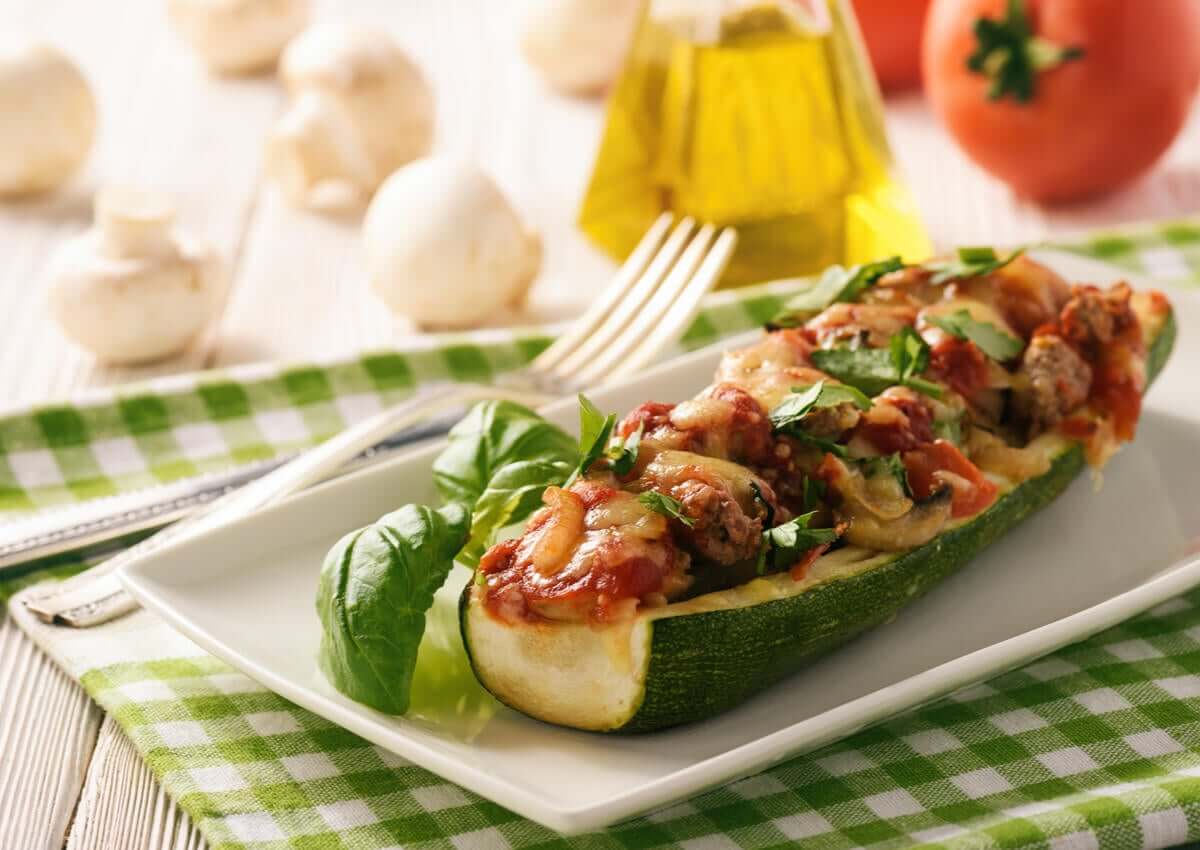 Stuffed zucchini on a plate.